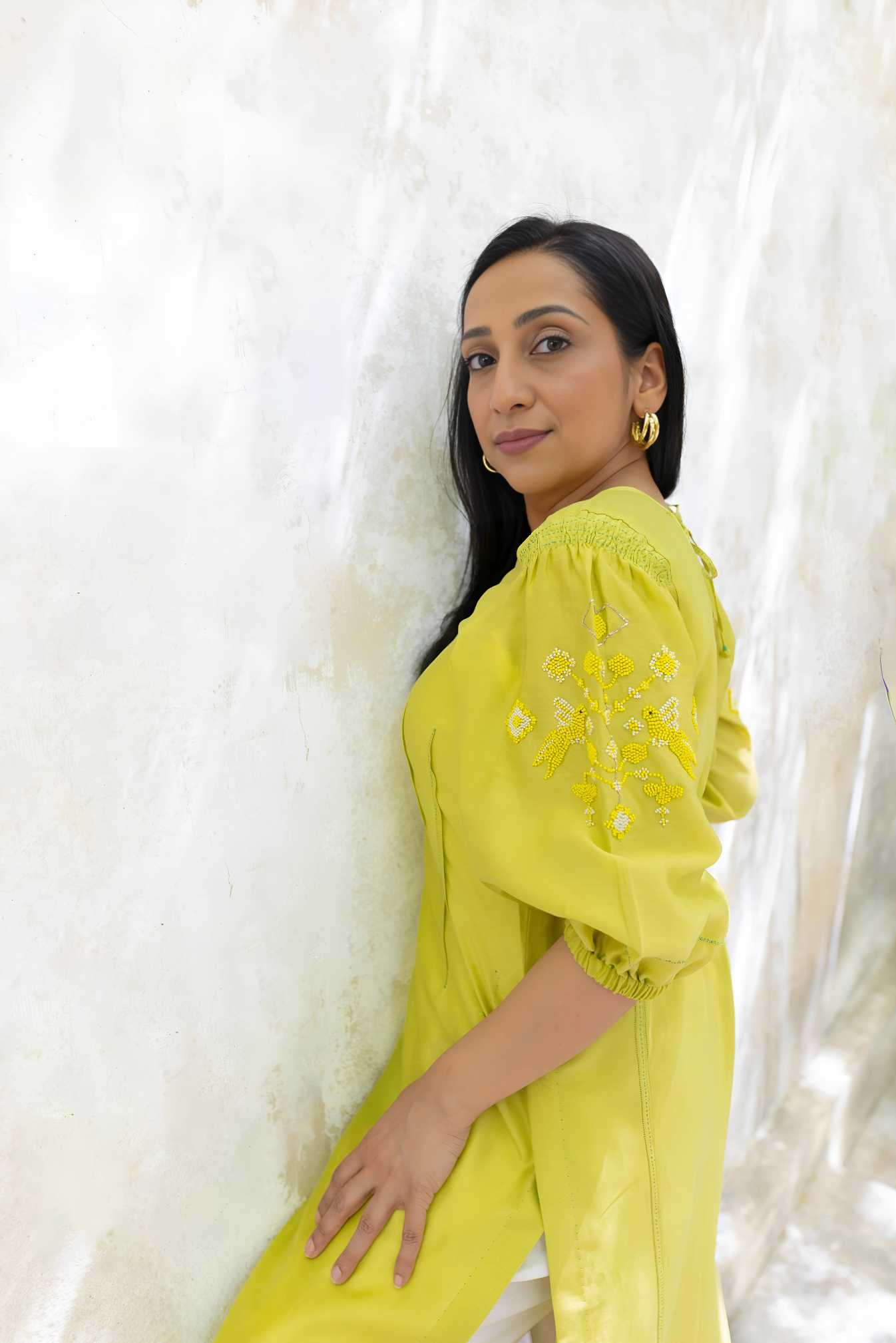 Lime kurta set with tonal beads embroidery