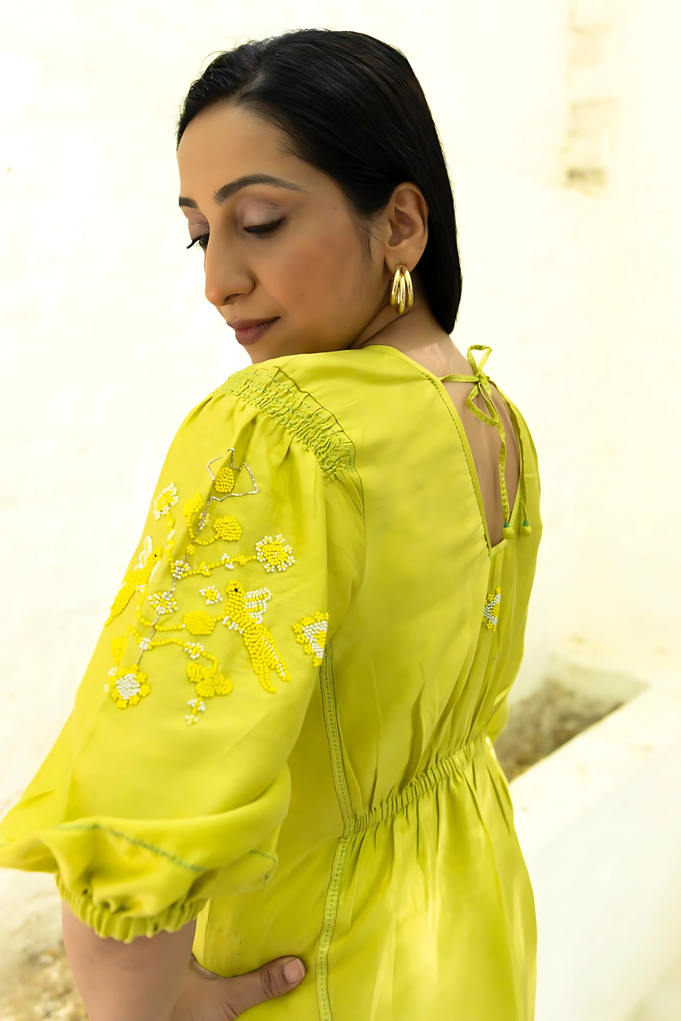 Lime kurta set with tonal beads embroidery