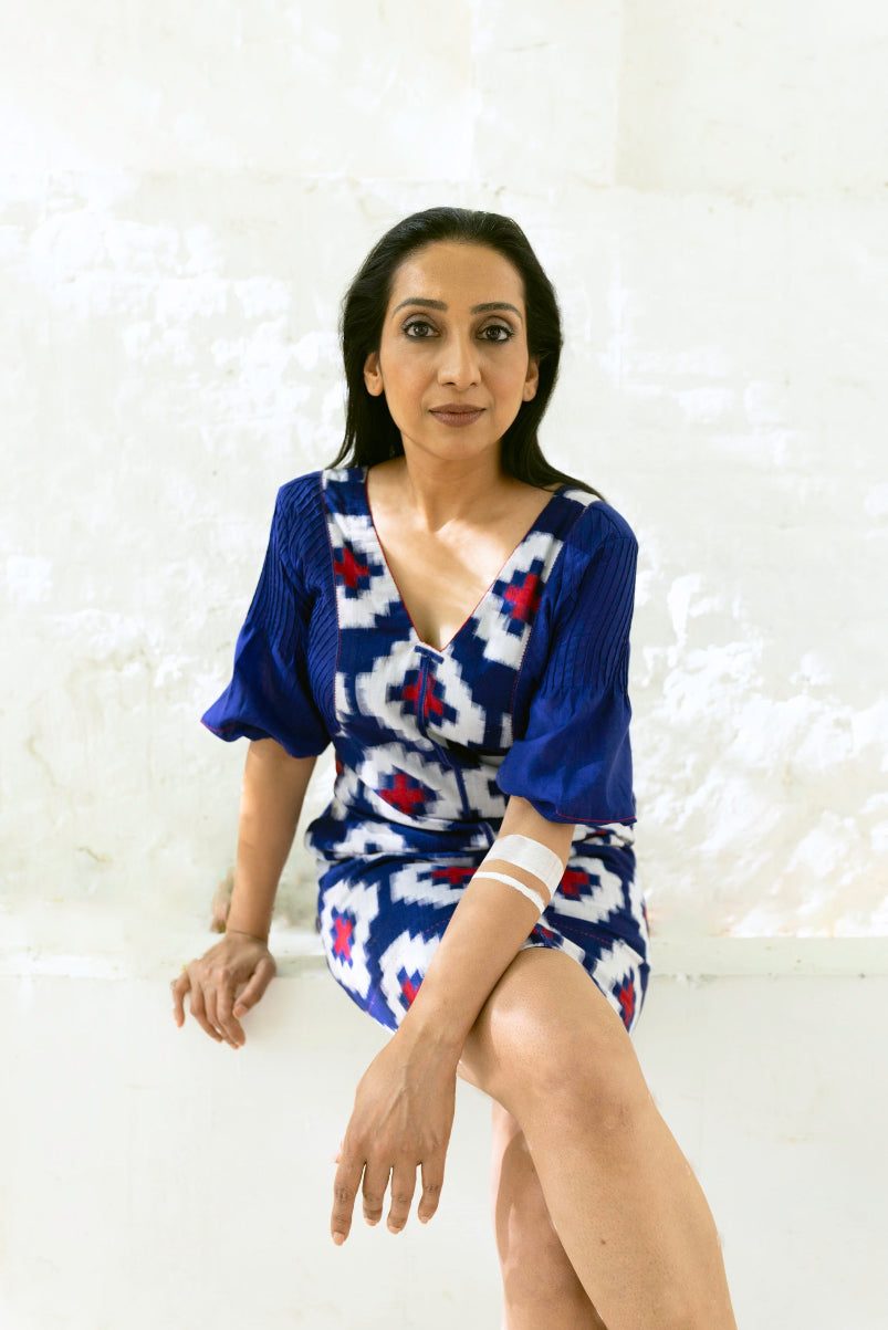 BLUE IKAT DRESS WITH PIN TUCKED PANELS - RTS