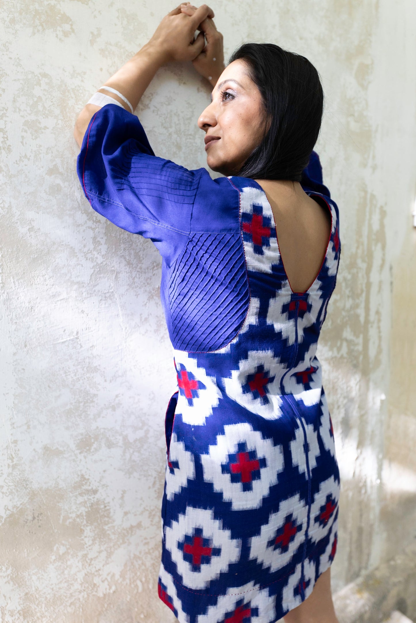 BLUE IKAT DRESS WITH PIN TUCKED PANELS - RTS