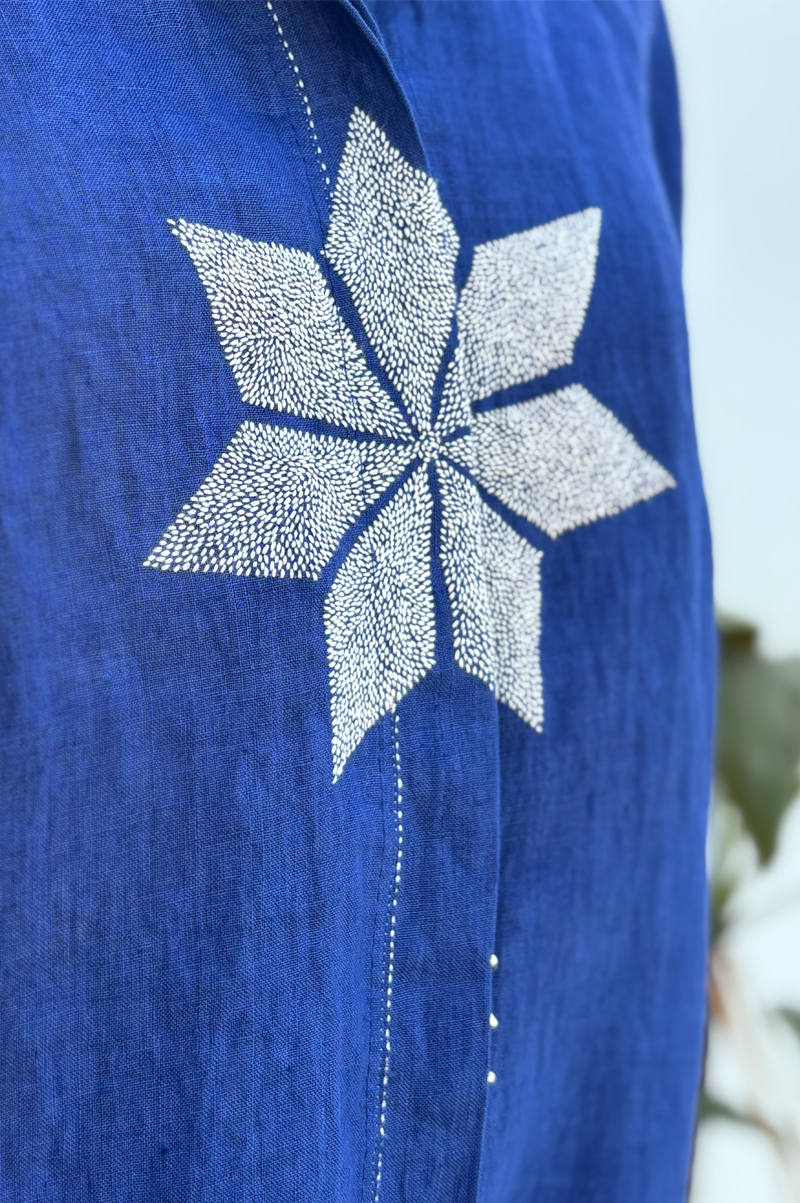 INDIGO LINEN SHIRT WITH STAR MOTIF - RTS
