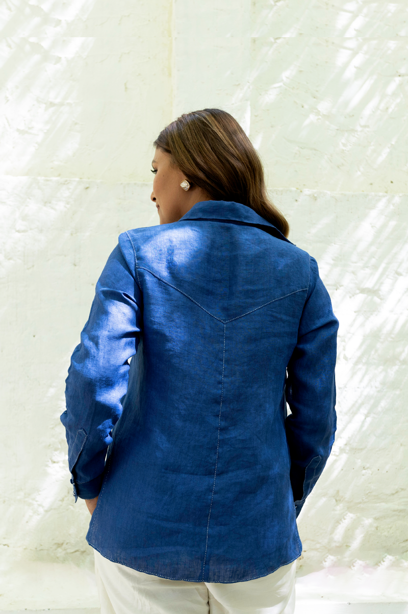 INDIGO LINEN SHIRT WITH STAR MOTIF - RTS