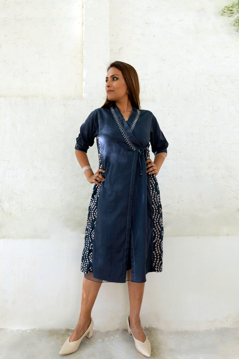 CHARCOAL WRAP DRESS WITH BANDHANI PANEL - RTS