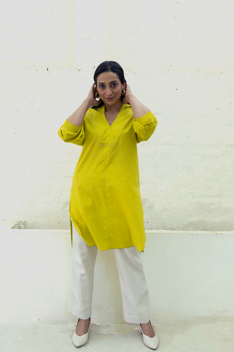 LIME KURTA WITH OVERLAPPING PLACKET - RTS