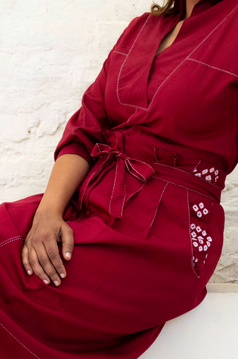 RED COTTON SKIRT WITH BANDHANI IN POCKETS