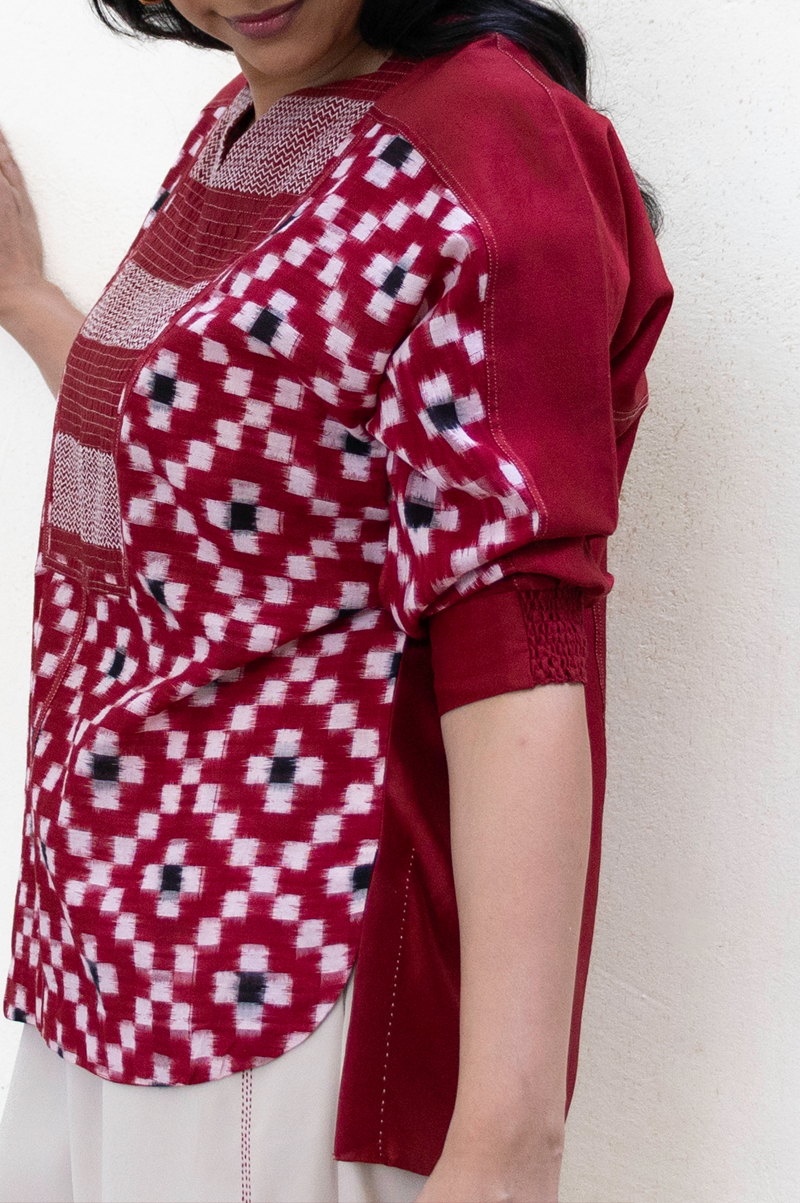 RED IKAT TOP WITH CHEVRON PATTERN IN YOKE - RTS