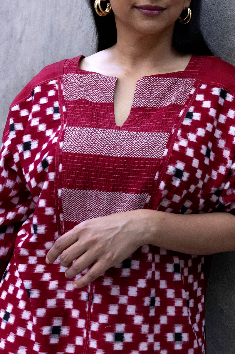 RED IKAT TOP WITH CHEVRON PATTERN IN YOKE - RTS