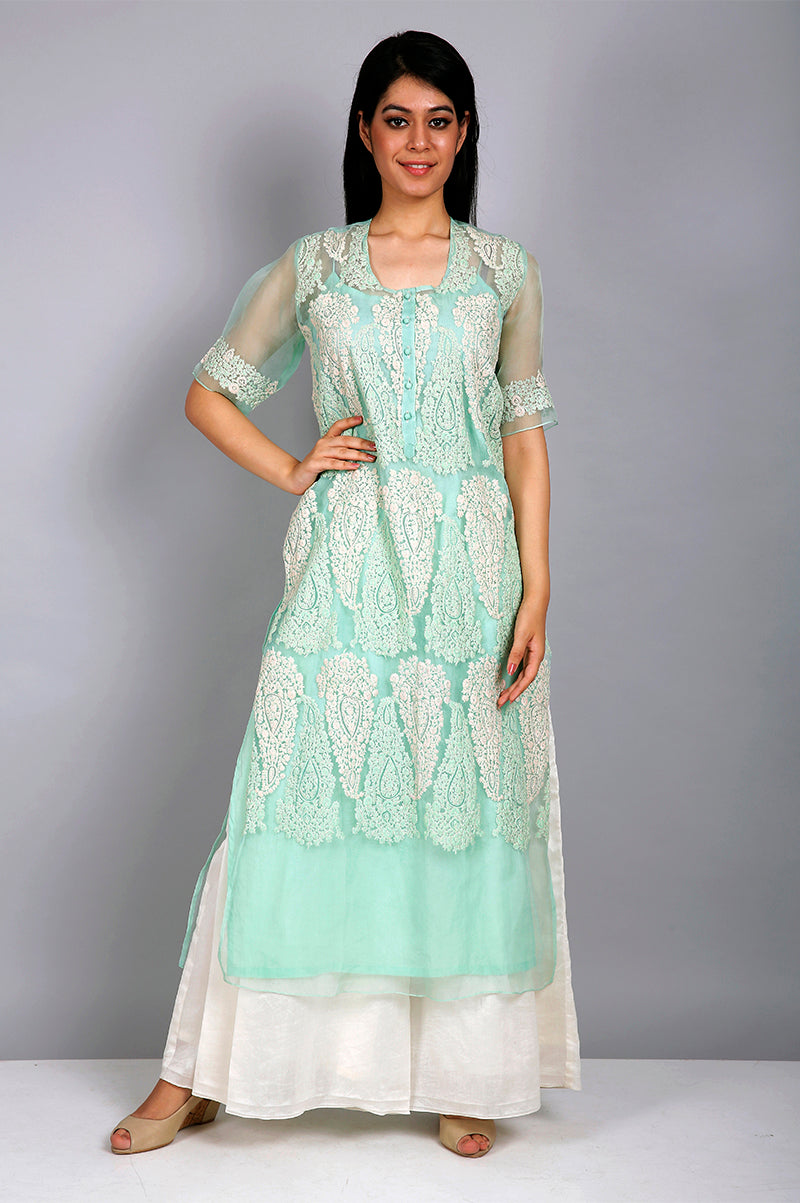 MINT ORGANZA KURTA SET WITH PAISLEY MOTIFS