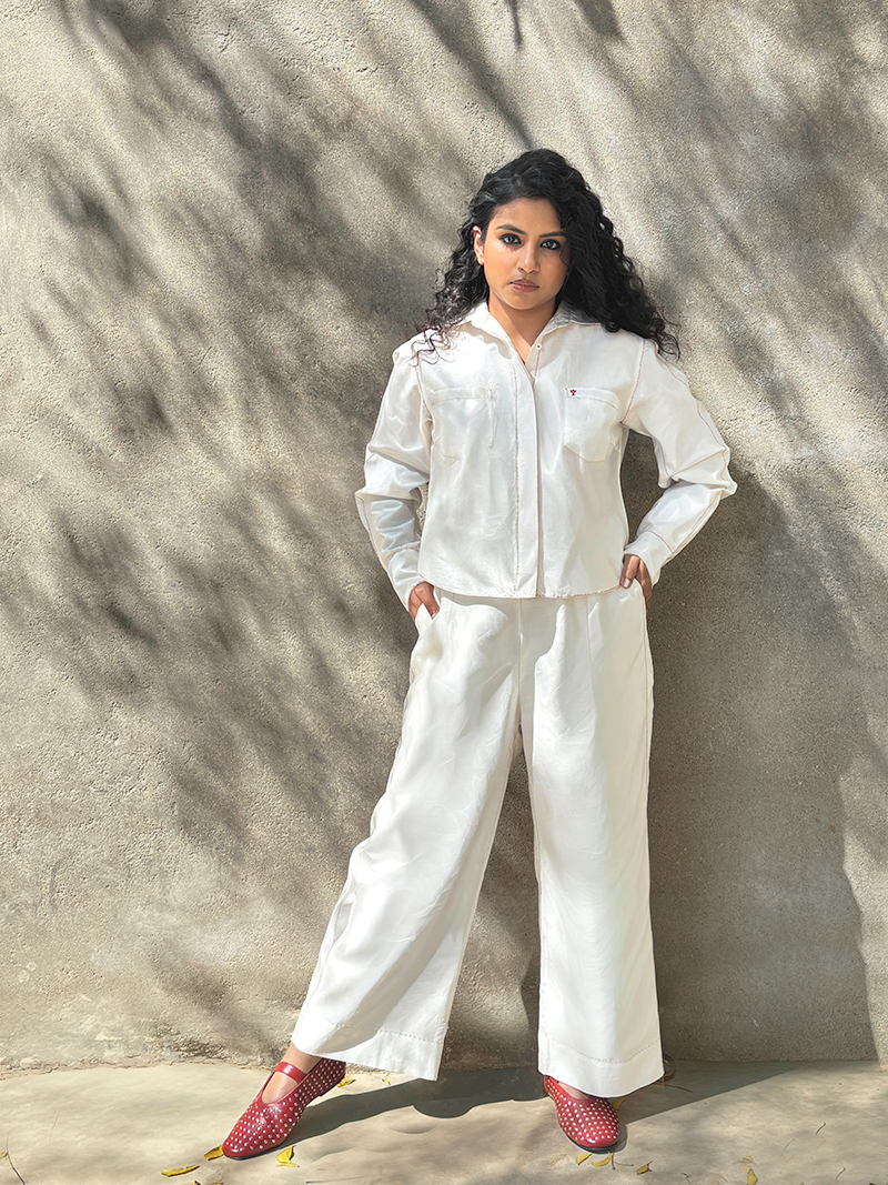 IVORY CHANDERI CO-ORD SET WITH COLOURFUL EMBROIDERY AT BACK