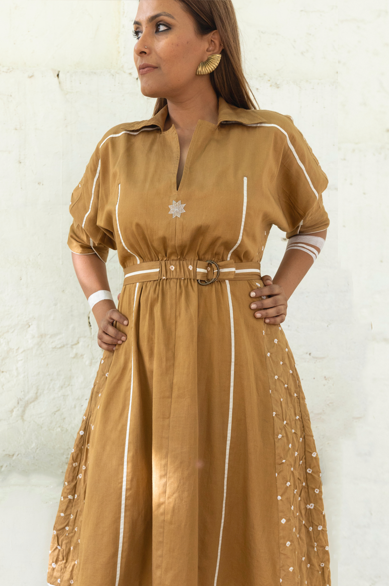 TAN COTTON DRESS WITH BANDHANI BACK - RTS