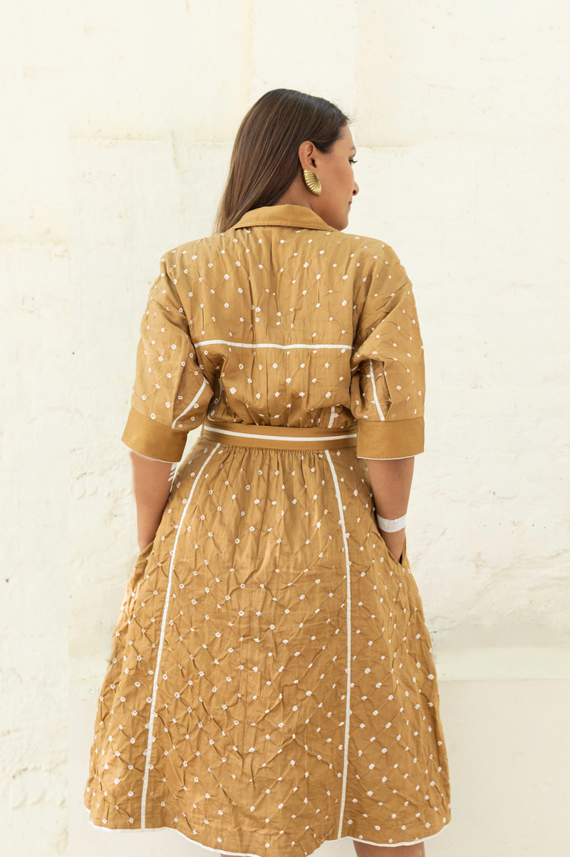 TAN COTTON DRESS WITH BANDHANI BACK - RTS