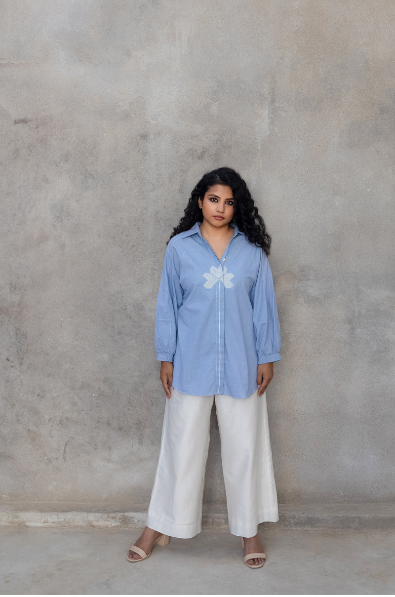 SKY COTTON LINEN SHIRT WITH THREAD EMBROIDERY
