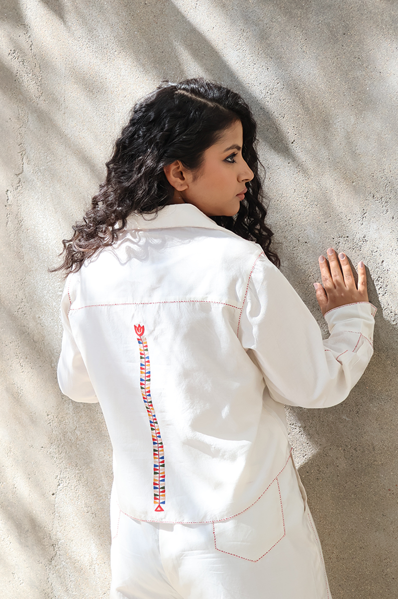 IVORY CHANDERI CO-ORD SET WITH COLOURFUL EMBROIDERY AT BACK
