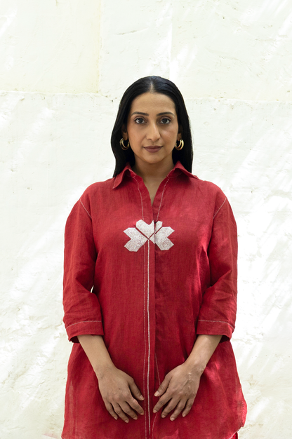 RED LINEN SHIRT WITH  EMBROIDERED FLOWER - RTS