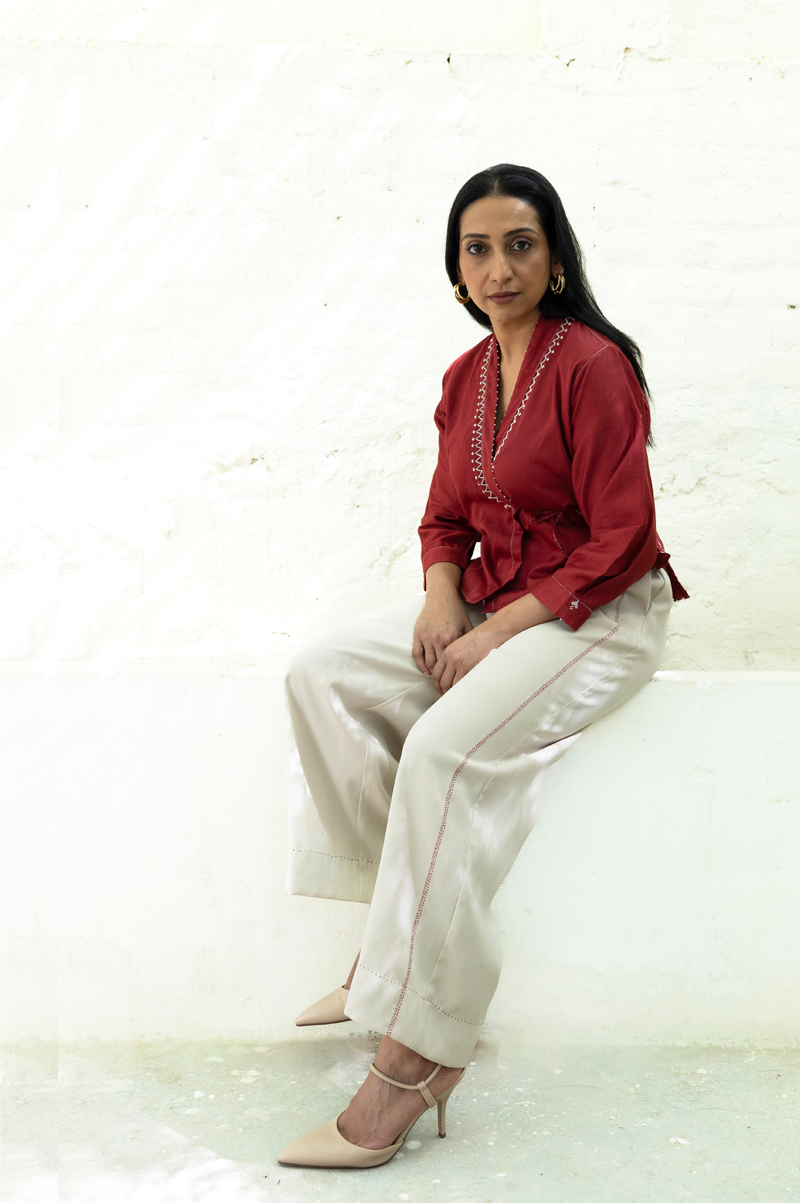 RED WRAP TOP WITH BANDHANI PANEL