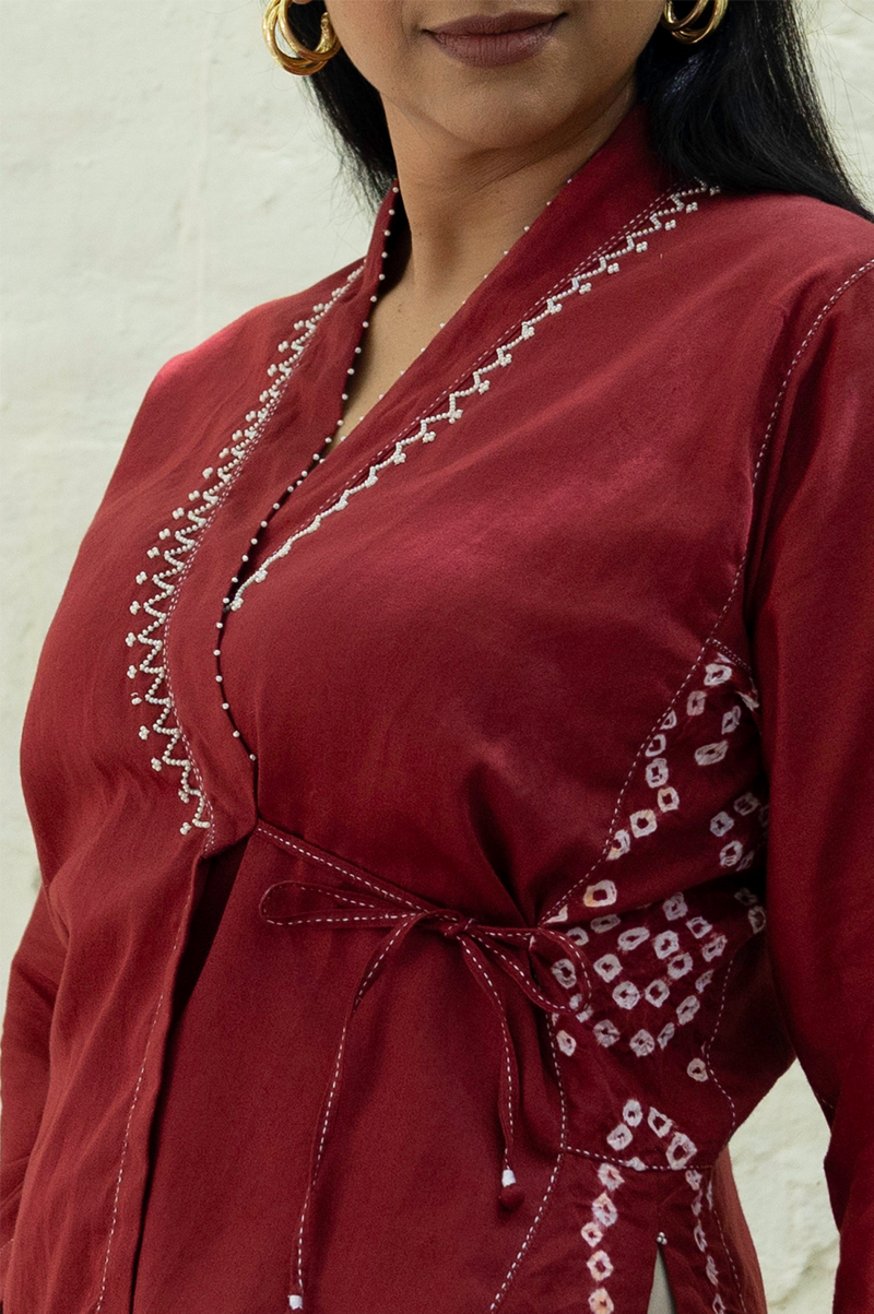 RED WRAP TOP WITH BANDHANI PANEL