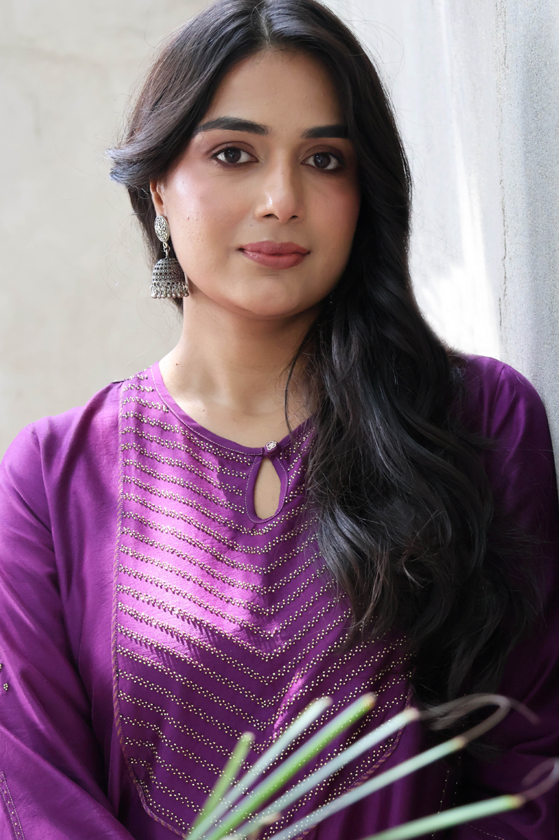 PURPLE CHANDERI KURTA SET WITH CUTDAANA YOKE