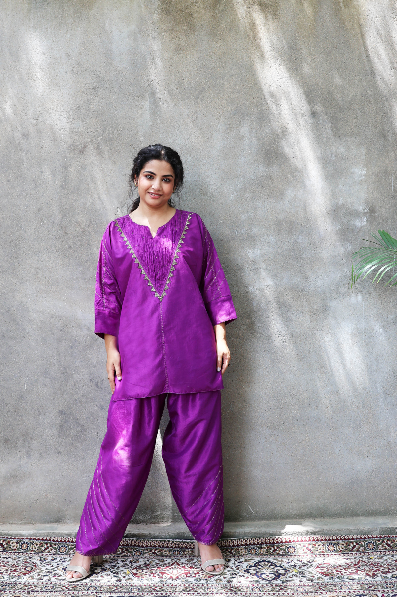 PURPLE SILK CO-ORD SET WITH CRINKLED YOKE