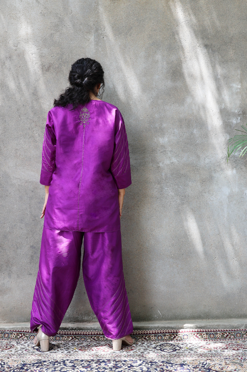 PURPLE SILK CO-ORD SET WITH CRINKLED YOKE