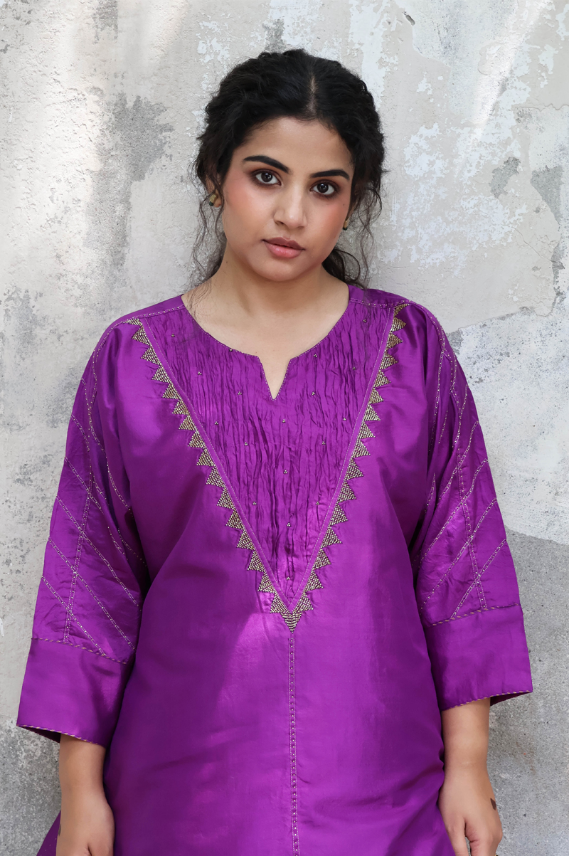 PURPLE SILK CO-ORD SET WITH CRINKLED YOKE