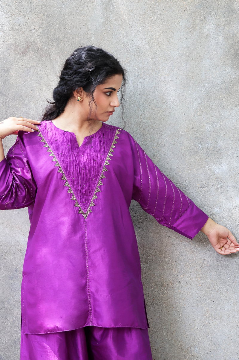 PURPLE SILK CO-ORD SET WITH CRINKLED YOKE