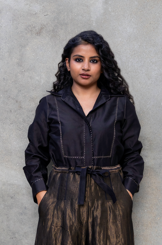 BLACK CHANDERI SHIRT WITH ZARI STRIPED PANTS