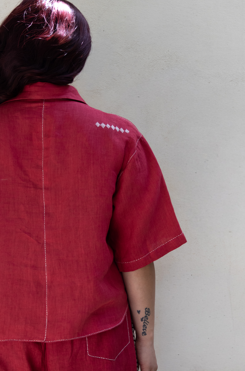 RED LINEN CO-ORD SET WITH LACE POCKET