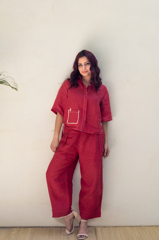 RED COTTON LINEN CO-ORD SET WITH LACE POCKET