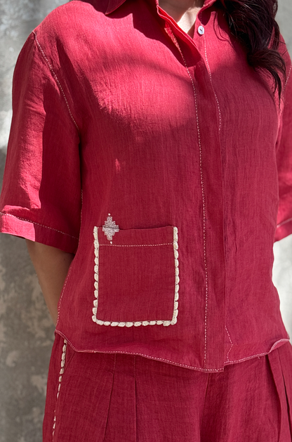RED LINEN CO-ORD SET WITH LACE POCKET