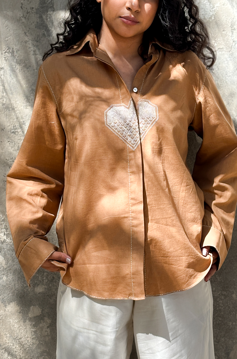 TAN SHIRT WITH HEART MOTIF