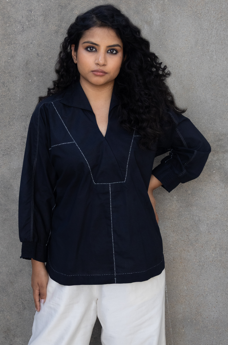 MIDNIGHT BLUE COTTON TOP WITH STITCH HIGHLIGHT