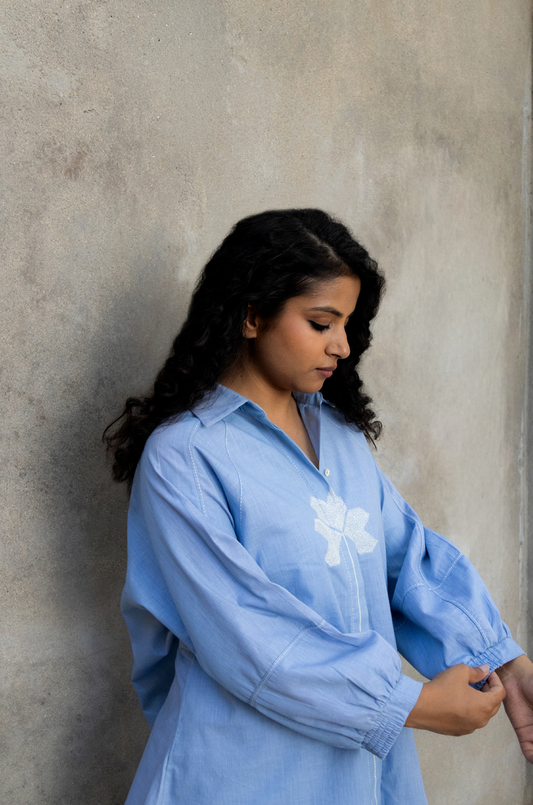 SKY COTTON LINEN SHIRT WITH THREAD EMBROIDERY