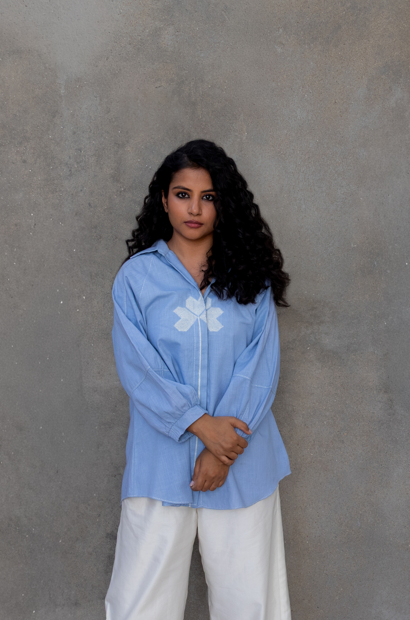 SKY COTTON LINEN SHIRT WITH THREAD EMBROIDERY